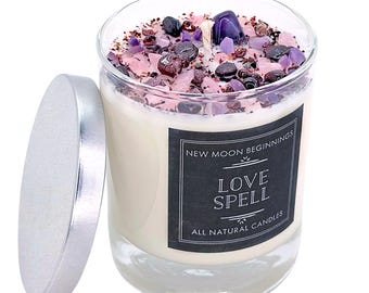 Love Spell Candles - Love Ritual Candle - Soy Crystal Candle for Love - Manifest Love - Garnet, Rose Quartz, Amethyst Candle - Handmade!