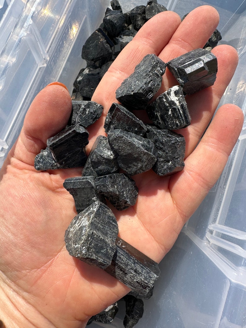 May include: A hand holding a pile of black tourmaline crystals. The crystals are rough and have a natural, unpolished look.