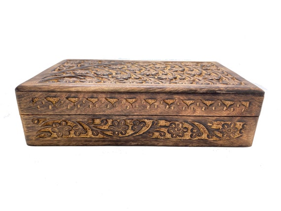 Set Of 2 Wooden Keepsake Boxes With Lids - Hand-Carved Tree Of Life Design, Vintage Decorative Storage Boxes