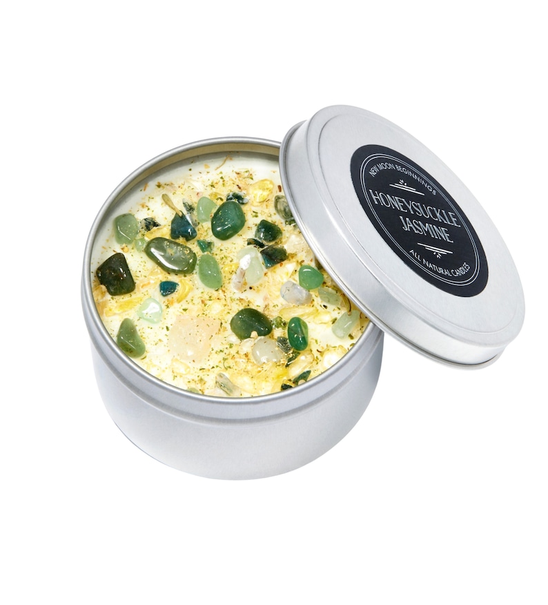 Honeysuckle Jasmine Candles - Crystal & Herb Candles - Aromatherapy Candles - Floral Candle - Soy Jasmine Candles and Tealights - Handmade! 8oz Round Tin