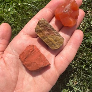 May include: Three raw, unpolished gemstones: a red carnelian, a red jasper, and a tiger's eye.