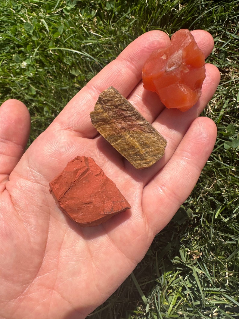 May include: Three raw, unpolished gemstones: a red carnelian, a red jasper, and a tiger's eye.