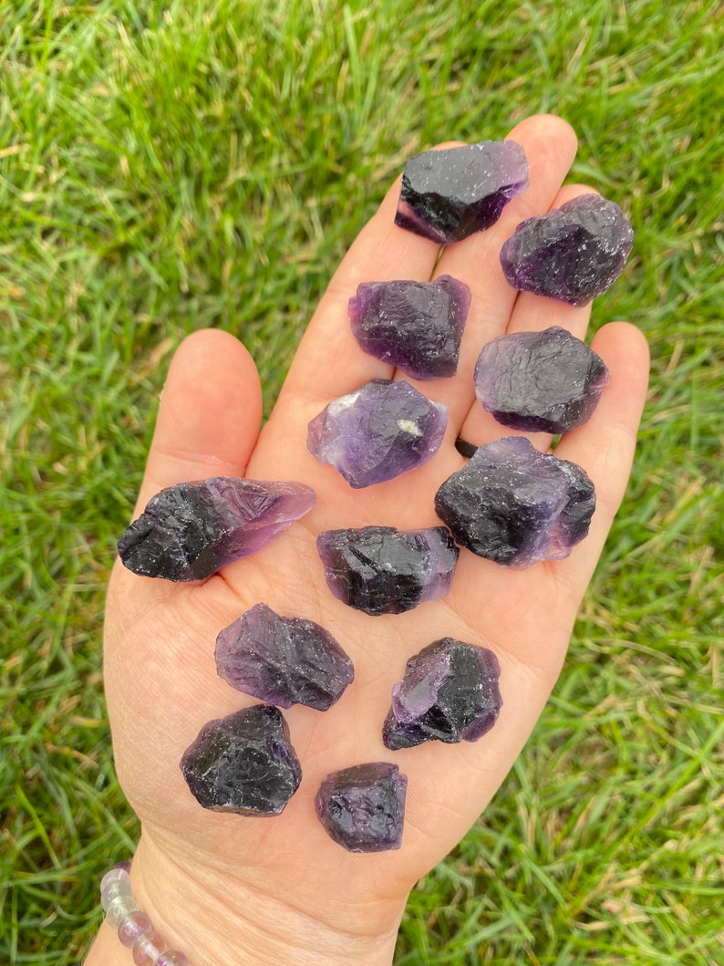 Pode incluir: Uma cole&ccedil;&atilde;o de cristais de fluorita roxa, alguns com um tom mais escuro, em v&aacute;rias formas e tamanhos. Os cristais est&atilde;o dispostos em uma m&atilde;o, mostrando sua beleza natural.