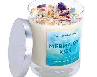 Mermaid's Kiss Candle - Crystal & Herb Mermaid Candle- Mermaid Crystal Candle - Soy Ocean Candle - Sea Salt, Jasmine Candle - Handmade Gift!