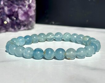 Pulsera de calcita acuática lemuriana - Pulsera de cristal de calcita acuática lemuriana - Pulsera elástica de ónix azul - Joyería de calcita azul lemuriana