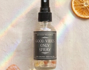 Spray Good Vibes Only - Aceites esenciales orgánicos - Spray de cristales de energía positiva - Cristales de citrino, piedra solar y cuarzo rosa - Spray para ambientes