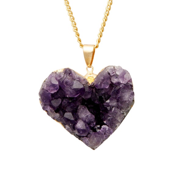 Amethyst Heart Pendant - Raw Amethyst Heart necklace - gold Amethyst necklace - amethyst Cluster - Crystal - Heart Amethyst Pendant