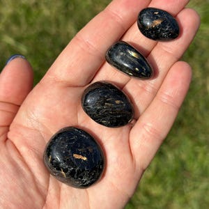 May include: Five polished black stones with gold flecks are displayed in a hand. The stones vary in size and shape, with a smooth, reflective surface. The background is blurred green grass.