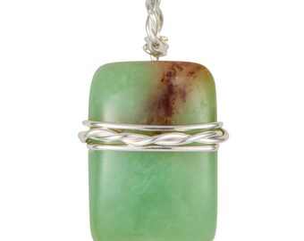 Chrysoprase Pendant in Sterling Silver - Wire Wrapped Chrysoprase Rectangle - Polished Chrysoprase Crystal Pendant - Handmade Jewelry - 112