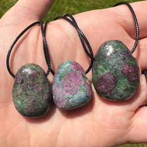 Ruby Fuschite Tumbled Pendant on Cord - Polished Ruby in Fuchsite Crystal Pendant - Tumbled Ruby Fuchsite Pendant on Cord - Crystal Necklace