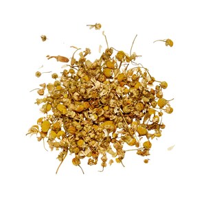 May include: A pile of dried chamomile flowers, featuring small, yellow, daisy-like blossoms and delicate stems. The dried herbs are a light brown color, with a few loose petals scattered around the edges, all against a white background.