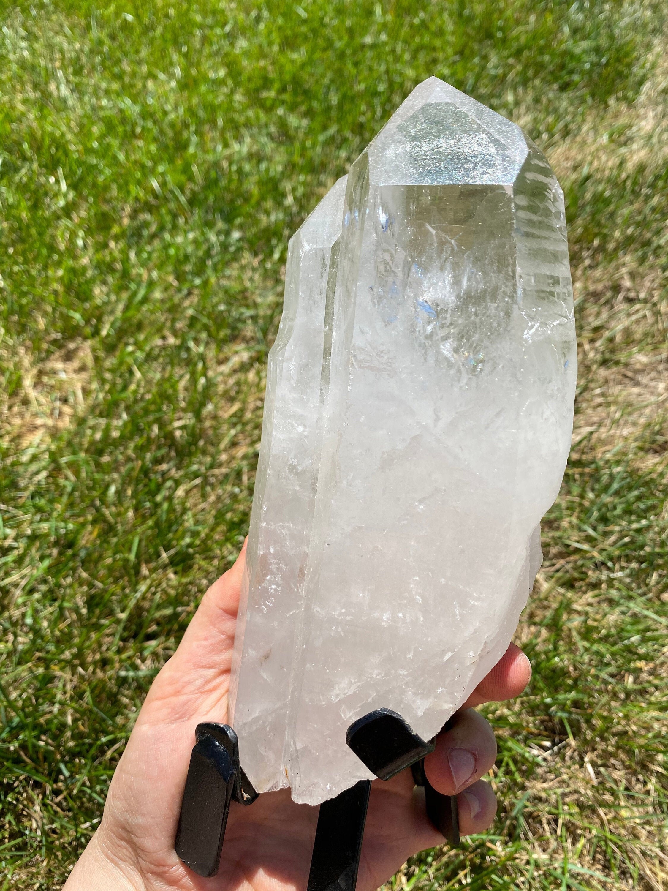 Lemurian Quartz Crystal On Metal Stand - Large Point Standing Decor 16