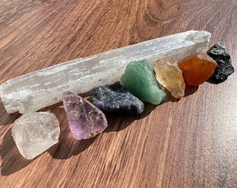 7 Chakra Crystal Set & Selenite Wand - Raw Healing Crystal Chakra Kit - Rough Chakra Gemstone Bundle - Raw Chakra Stones - Chakra Balancing!