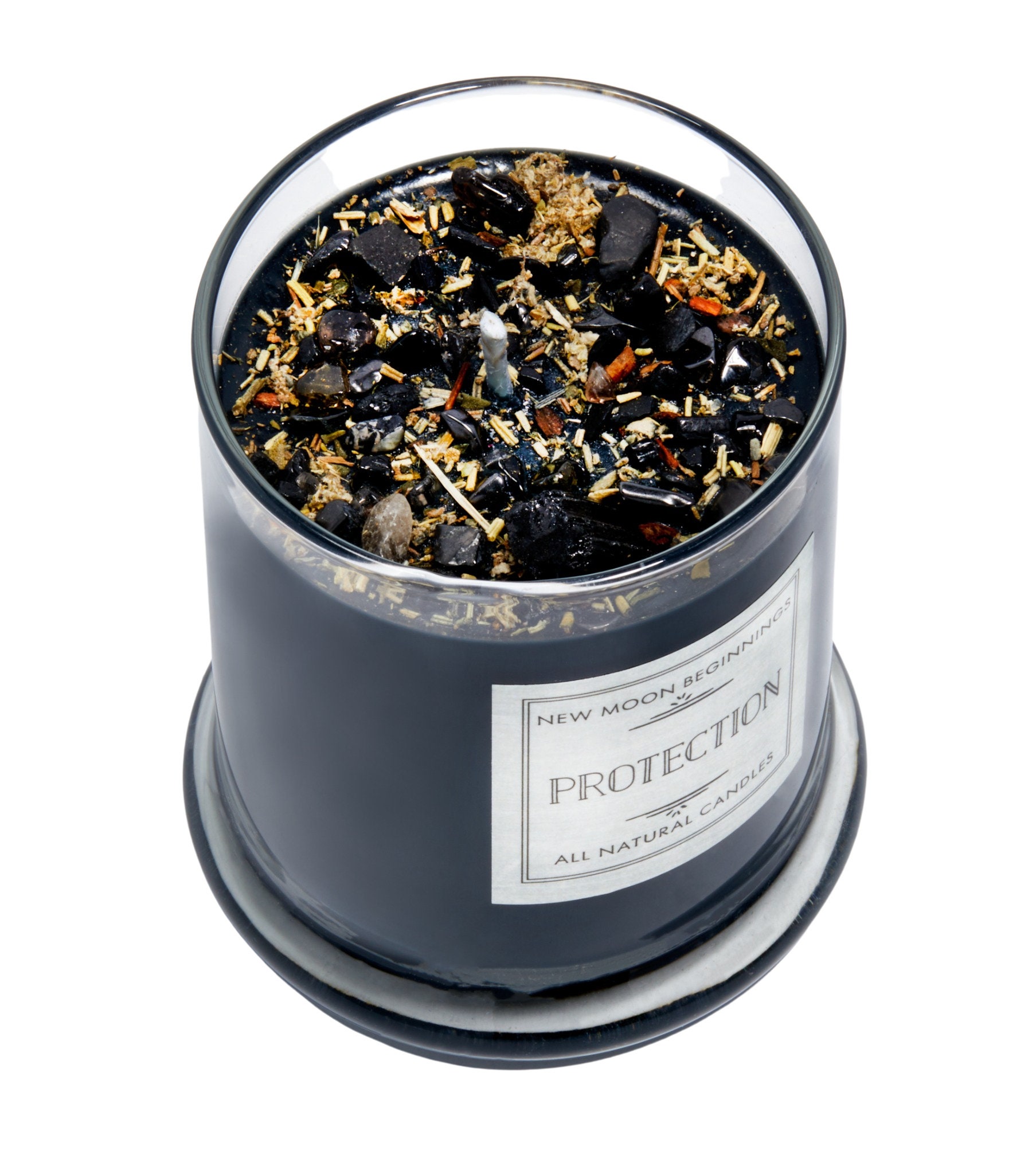 Protection Candle - Energy Cleansing - Crystal & Herb Candle - Protection Crystal Candle - Soy Aromatherapy Candle - Black Ritual Candle