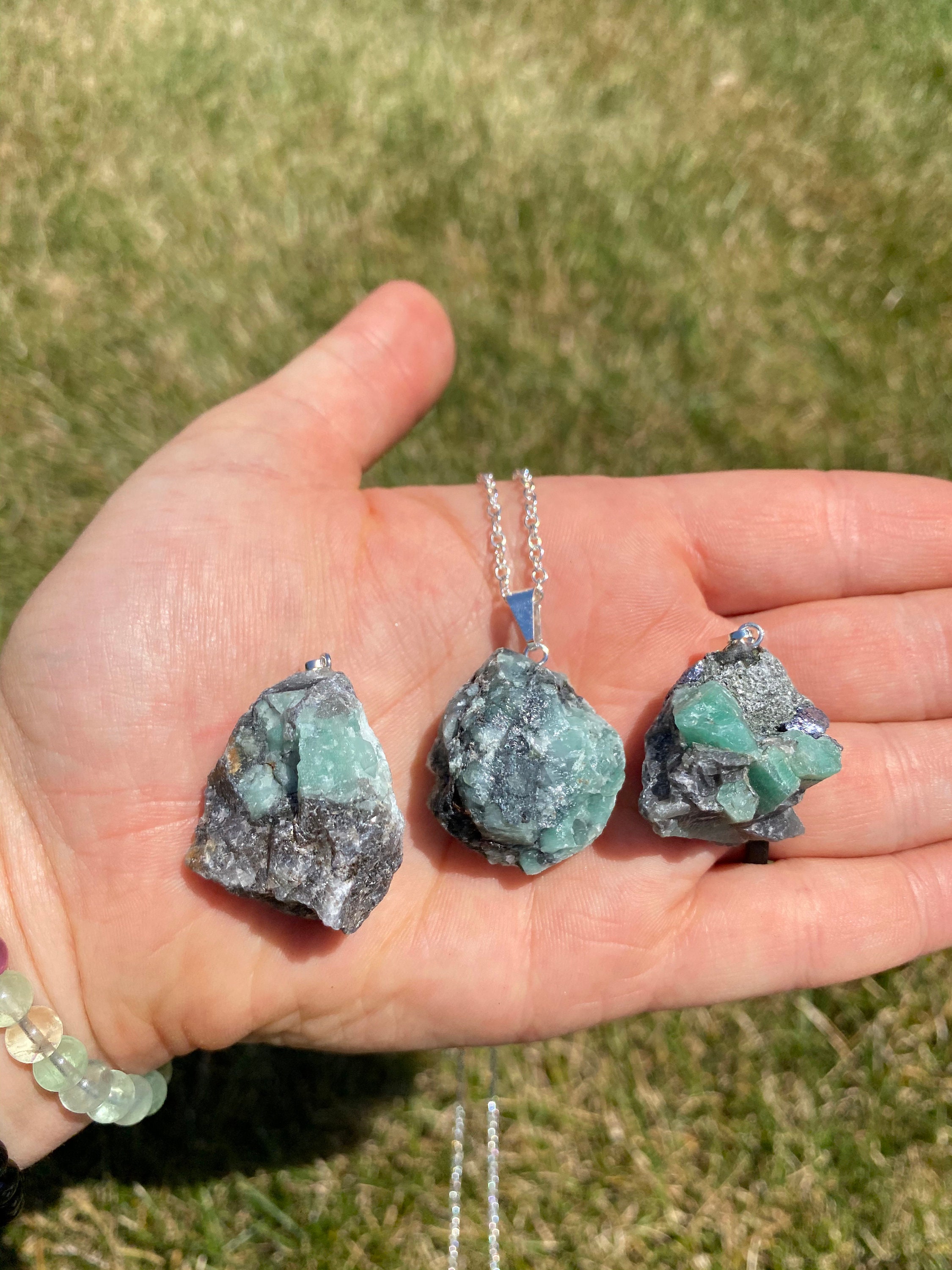 Raw emerald pendant silver emerald necklace genuine | Etsy