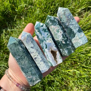 Moss Agate Stone Point (1.5&quot; - 4.5&quot;) - Moss Agate Tower - Mocha Stone - Colorful Moss Agate Tower with Cut Base - Natural Moss Agate Point