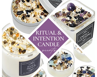 May include: A collection of ritual and intention candles in various glass and metal containers, topped with assorted crystals, stones, and dried herbs. Labels feature text including New Moon Beginnings, Release, Energy Cleansing, and Full Moon.