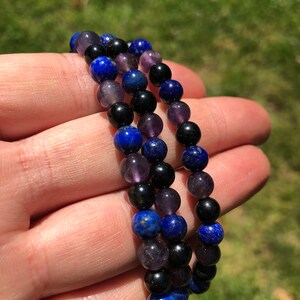 Amethyst, Lapis Lazuli, & Black Tourmaline Bracelet Elastic Bracelet Energy Protection Bracelet Healing Crystals and stones image 3