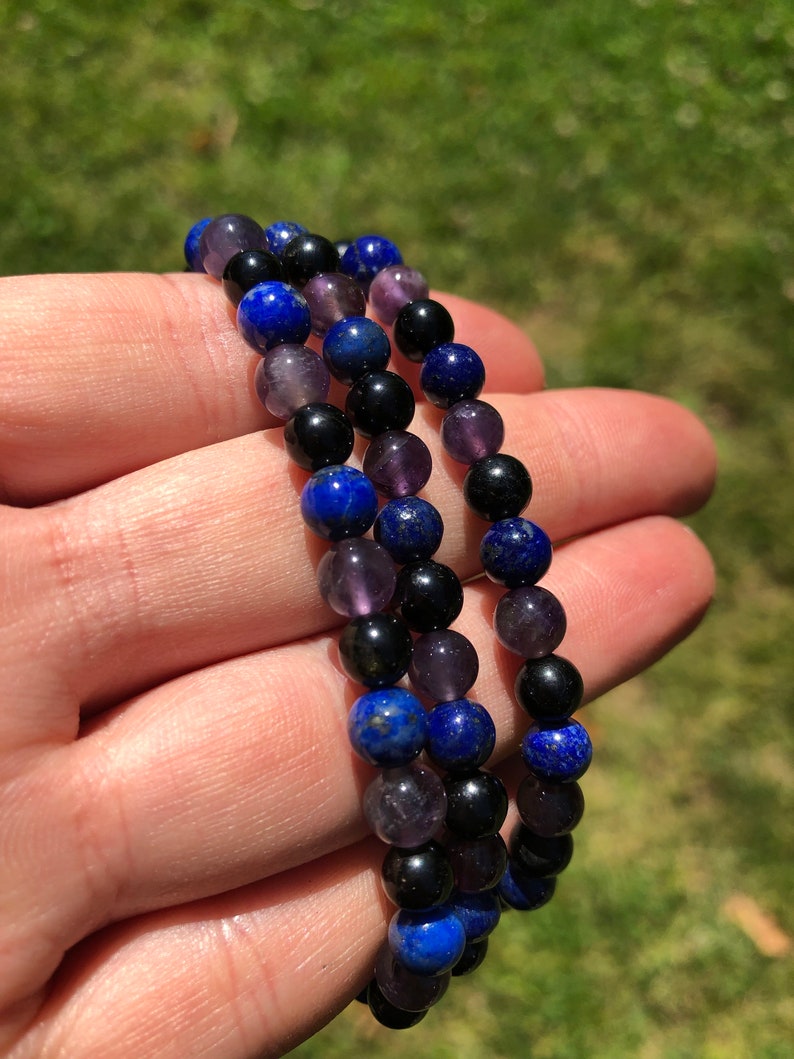 Amethyst, Lapis Lazuli, & Black Tourmaline Bracelet Elastic Bracelet Energy Protection Bracelet Healing Crystals and stones image 3