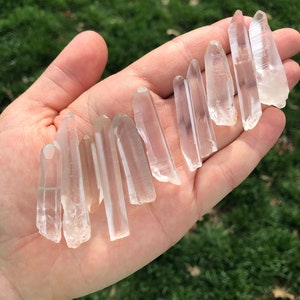 May include: A collection of clear quartz crystal points, also known as rock crystals, displayed in a hand. The points are various sizes and shapes, with some being longer and thinner than others.