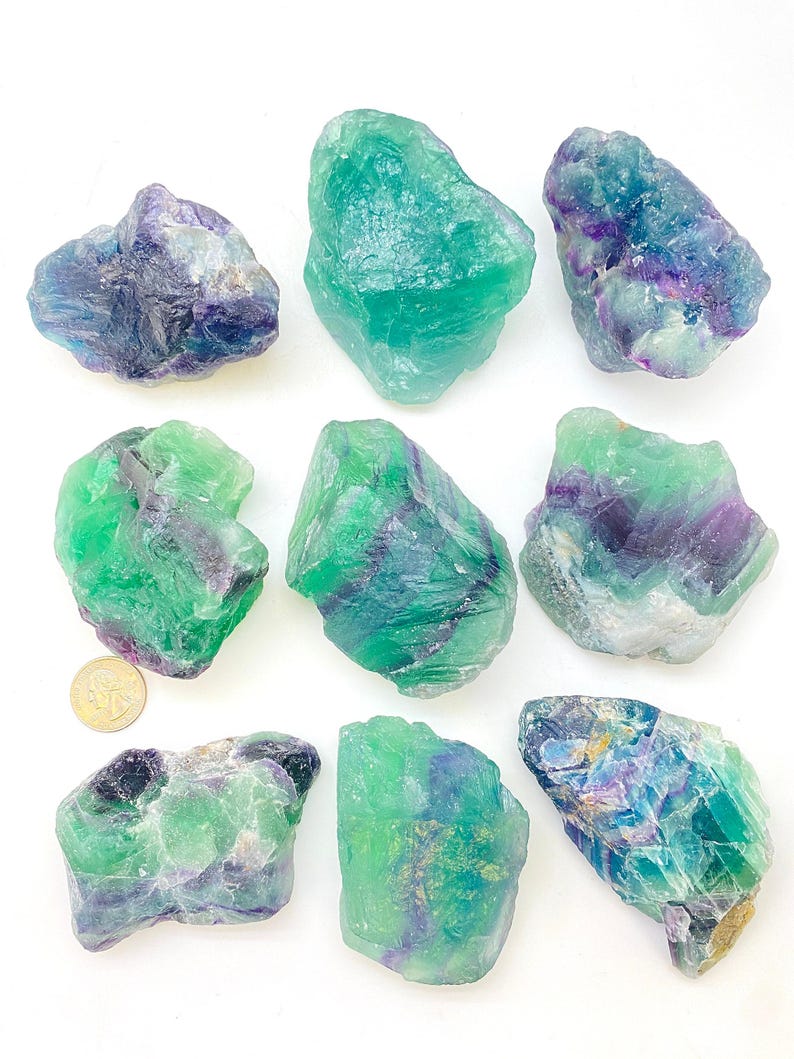 Puede incluir: Nueve espec&iacute;menes de cristal de fluorita verde y p&uacute;rpura de diferentes tama&ntilde;os y formas. Los cristales tienen una textura natural y rugosa y est&aacute;n dispuestos sobre un fondo blanco.