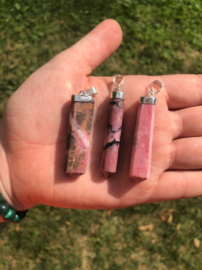 Rhodonite Pendant - Sterling Silver Rhodonite Necklace - Rhodonite Jewelry - Crystal Necklace - Polished Rhodonite Pendant image 4