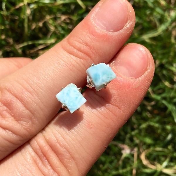 Raw Larimar Stud Earrings - Sterling Silver - Larimar Earrings - Larimar Jewelry - Larimar Post Earrings - Rough Larimar - Dainty Earrings