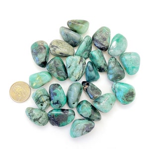 Puede incluir: Una colecci&oacute;n de piedras de esmeralda pulidas, que var&iacute;an en tama&ntilde;o y tono de verde. Las piedras tienen una textura natural y rugosa y est&aacute;n dispuestas sobre un fondo blanco. Se incluye una moneda de un centavo de d&oacute;lar estadounidense para la escala.