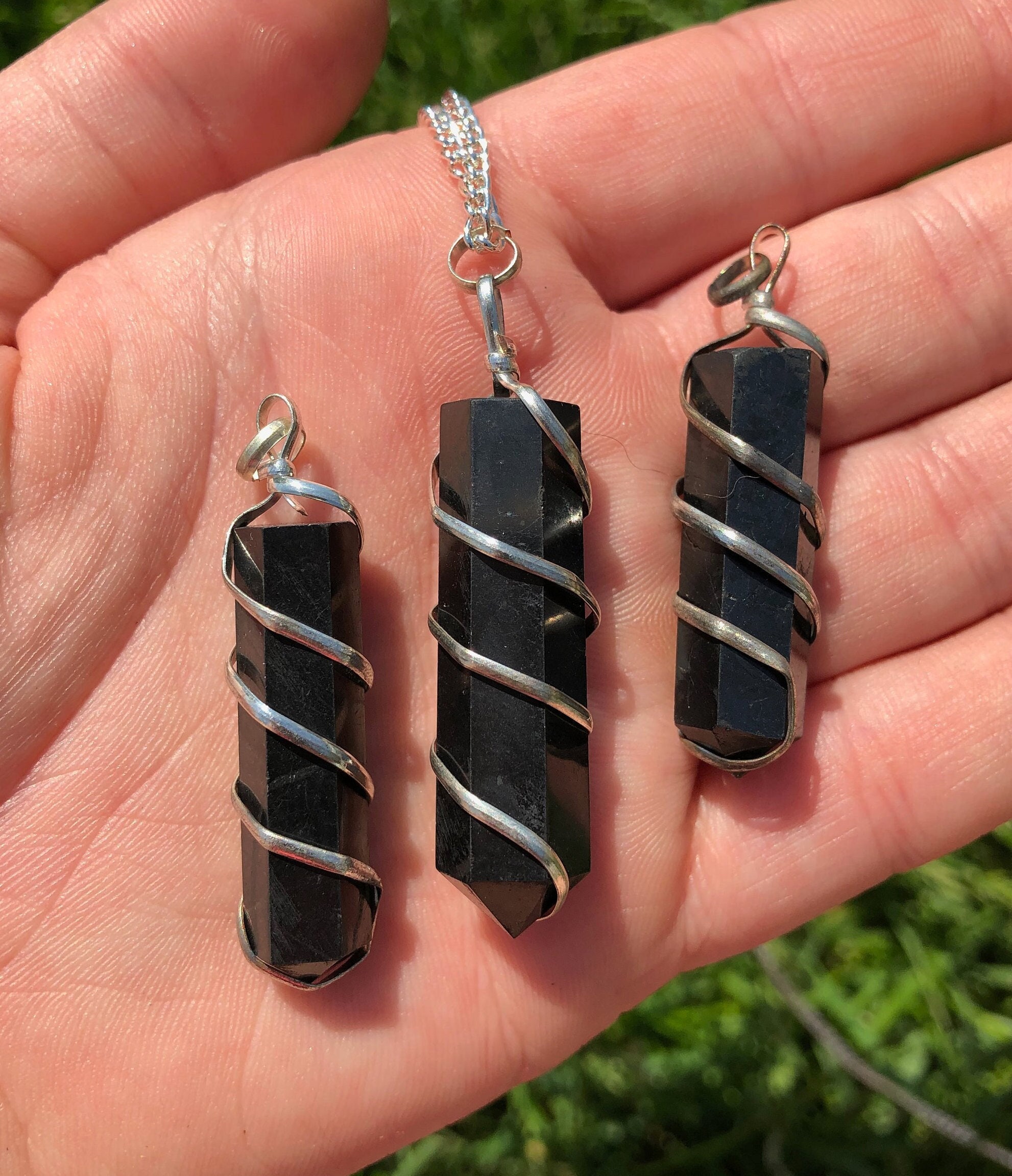 Shungite Necklace - Polished Shungite Point Pendant - Wire Wrapped Shungite Necklace - Crystal Necklace - Shungite Jewelry