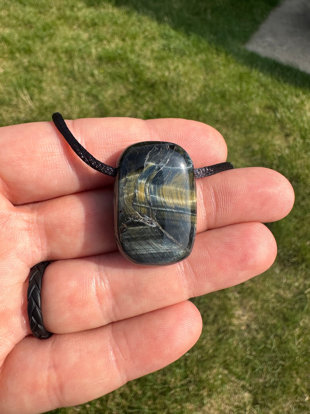 Blue Tiger Eye Rectangle Pendant on Cord Polished Blue Tigers