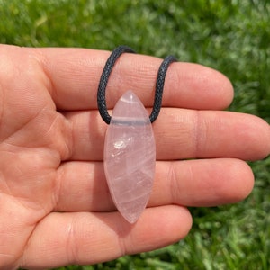 Rose Quartz Pendant on 28" Black Cord - Polished Rose Quartz Marquise Necklace - Crystal Necklace - Rose Quartz Jewelry image 1