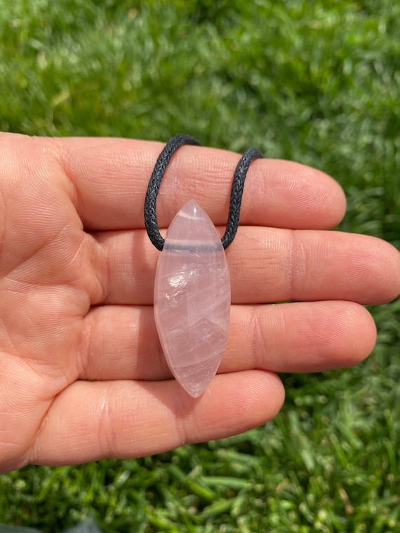 Rose Quartz Pendant on 28" Black Cord - Polished Rose Quartz Marquise Necklace - Crystal Necklace - Rose Quartz Jewelry