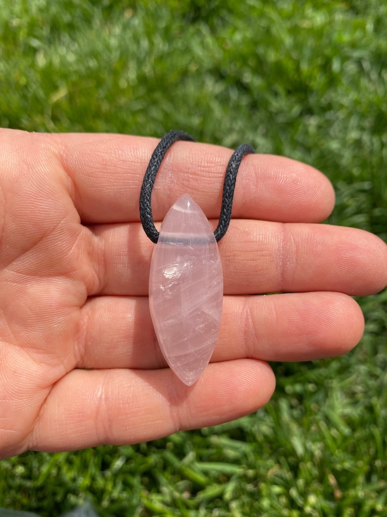 Rose Quartz Pendant on 28" Black Cord - Polished Rose Quartz Marquise Necklace - Crystal Necklace - Rose Quartz Jewelry image 1