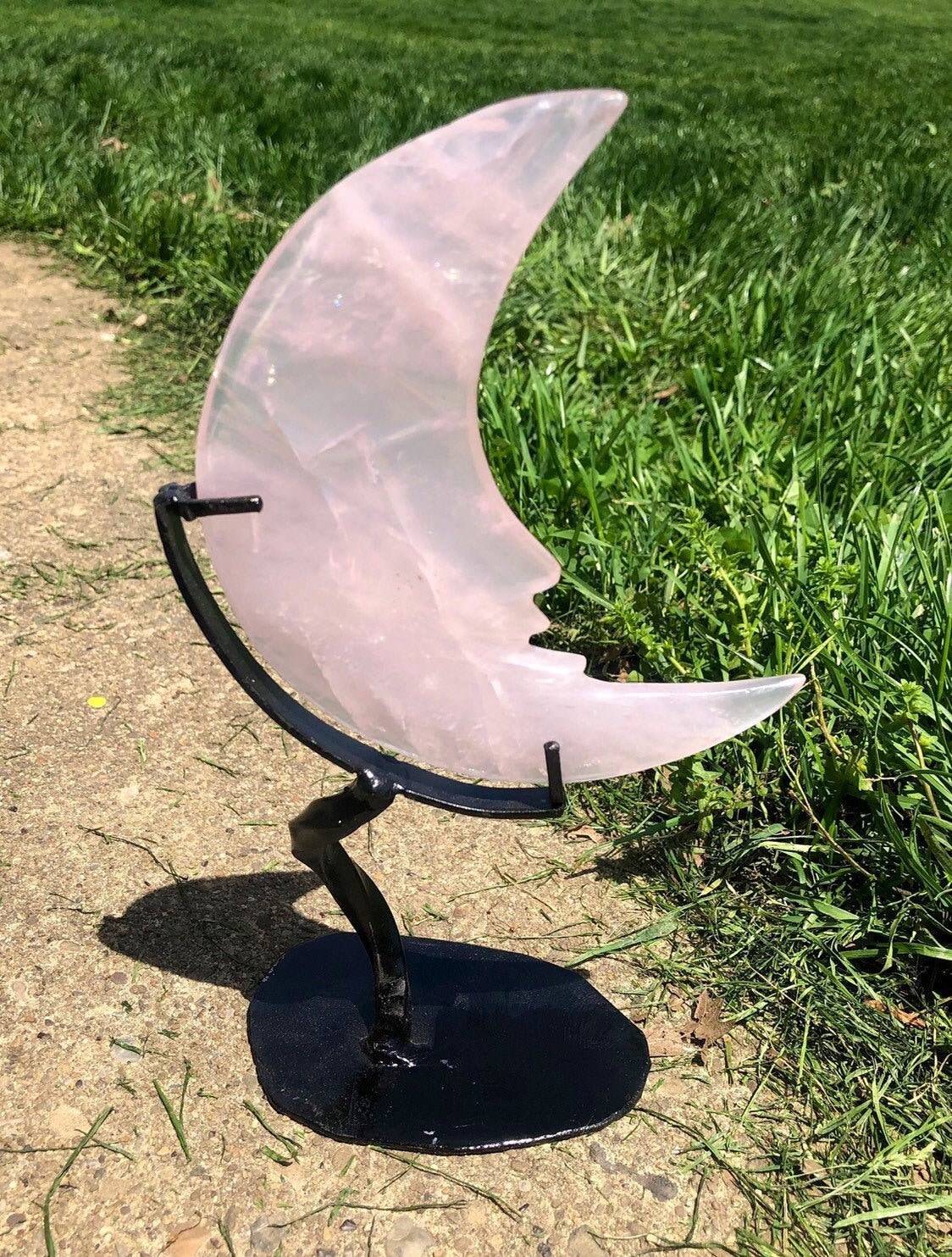 Rose Quartz Crystal Moon On Metal Stand - Hand Carved Crescent Decor Standing Pink 613