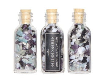 Anger & Stress Relief Gem Bottle Calming Crystal Chips - Black Tourmaline, Amethyst, Blue Lace Agate, Aquamarine, Quartz - Mini Crystal Set