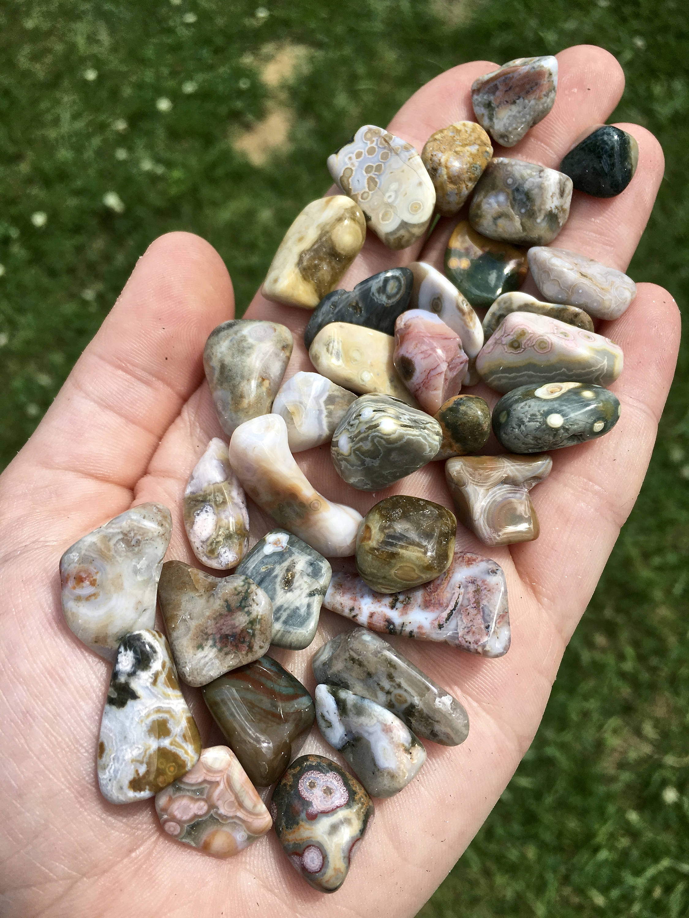 Beautiful ocean tumbled seaglass jasper,granite agate,garnet epoxied and triple glazed