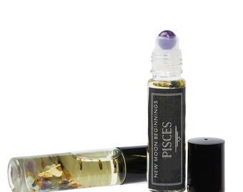 Poissons Zodiac Oil Roller - Amethyst Crystal Roller Ball - Poissons Zodiac Parfum - Cristaux et herbes - Huile rituelle du zodiaque - Cadeaux d’astrologie