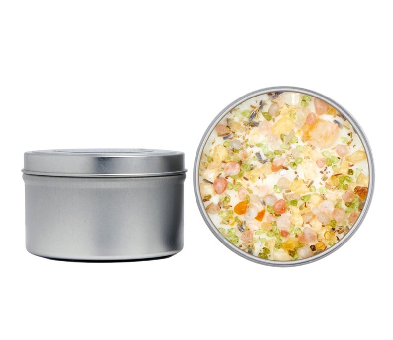 Positive Energie Kerzen - Kristall & Kräuter Kerze - Soja Aromatherapie Kerze mit Sonnenstein, Citrin - Positive Energie Kristall Kerze - Handgemacht! 8oz Round Tin