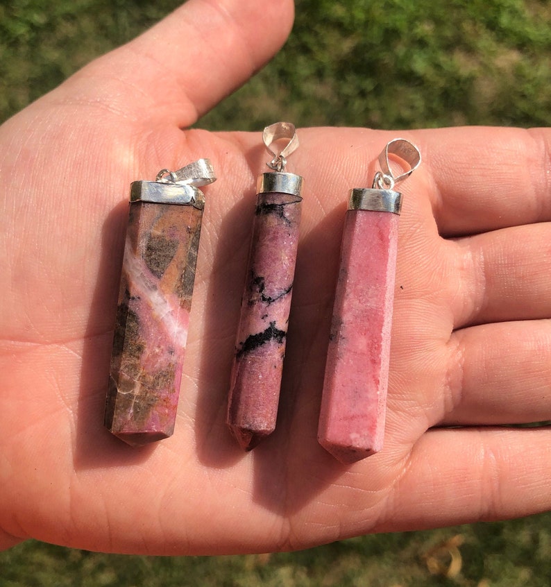 Rhodonite Pendant - Sterling Silver Rhodonite Necklace - Rhodonite Jewelry - Crystal Necklace - Polished Rhodonite Pendant image 2