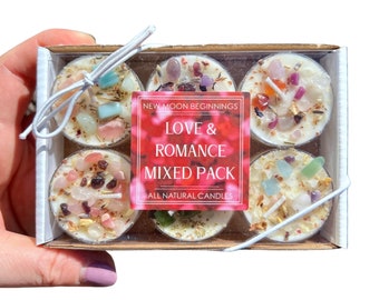 Mixed 6 pack of Love & Romance Tealight Candles - Love Candles - Romance Candles - Handmade Love Tealights - Soy Tealight Crystal Candles