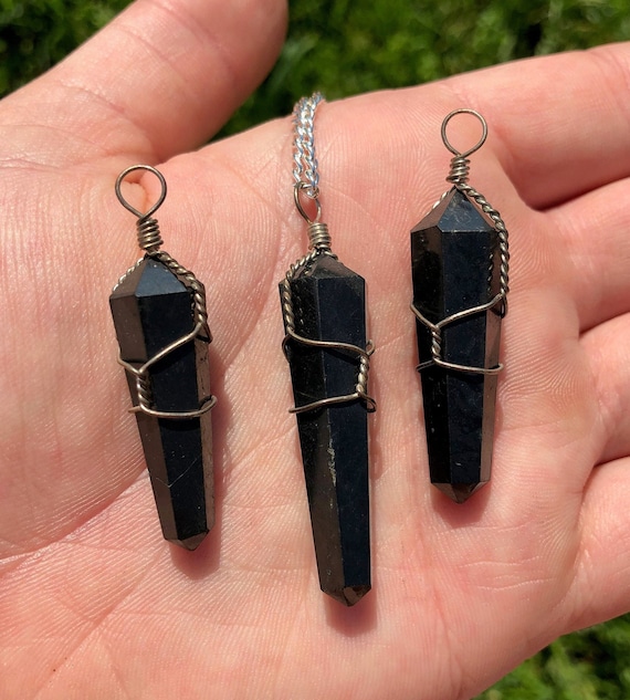 Shungite Necklace - Wire Wrapped Shungite Pendant - EMF Protection Pendant - Crystal Necklace - Polished Shungite Point Necklace