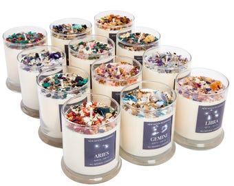 Zodiac Candles with Crystals and Herbs - Zodiac Sign Candles - Crystal Candles - Zodiac Gifts - Zodiac Intention Candles - Soy, Handmade!