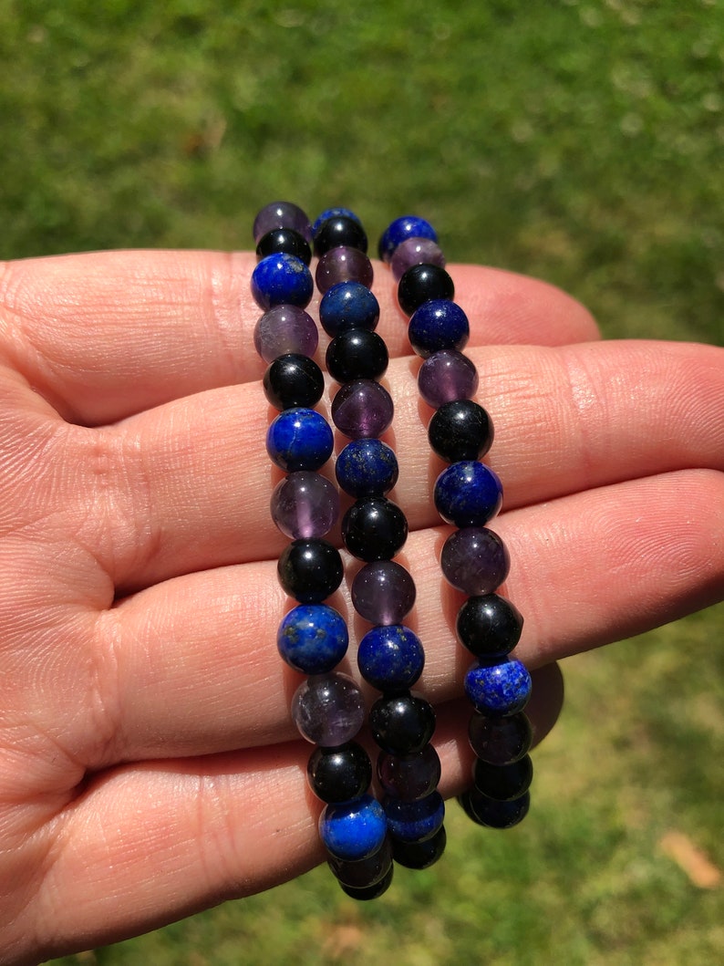 Amethyst, Lapis Lazuli, & Black Tourmaline Bracelet Elastic Bracelet Energy Protection Bracelet Healing Crystals and stones image 4