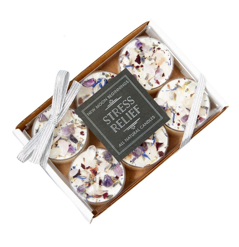 Stress Relief Candles - Lavender Candle or Tealights - Soy Aromatherapy Candle w/ Amethyst, Rose Quartz, Clear Quartz image 5