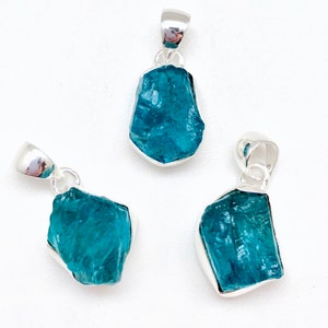 Raw Blue Apatite Pendant - Apatite Set in Sterling Silver Pendant - Blue Apatite Stone - Rough Blue Apatite - Crystal Necklace