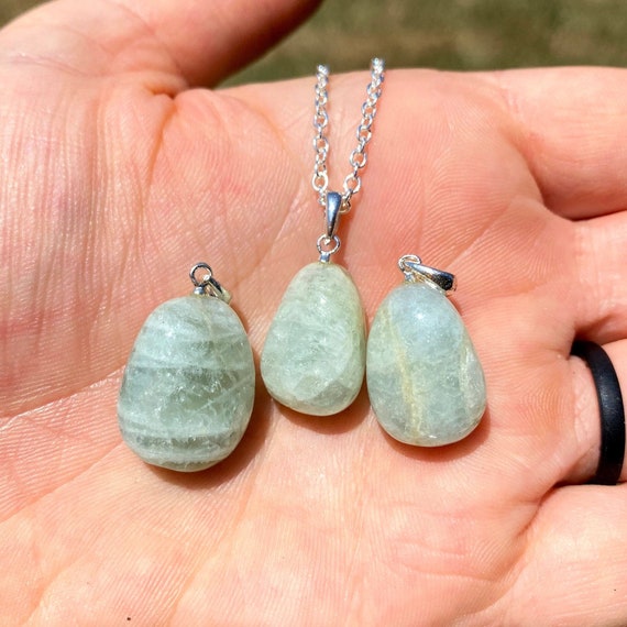 Aquamarine Stone Pendant (0.5") - Tumbled Stone - Aquamarine Necklace - Polished Aquamarine Crystal Pendant - Aquamarine Teardrop Pendant