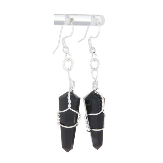 Black Obsidian Earrings Silver Colored Wire Wrapped Black Obsidian