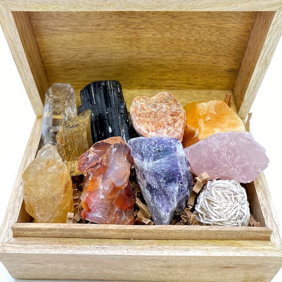 Positive Energy & Confidence Crystal Set - Crystals and Stones Set - Attract Confidence and Strength - Raw Crystal Gift Box - 9