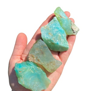 Puede incluir: Una mano sostiene varias piedras de crisoprasa en bruto, de color turquesa. Las piedras tienen una textura natural rugosa con diferentes tonos de azul y verde. Algunas &aacute;reas muestran un toque de marr&oacute;n. El fondo es blanco.