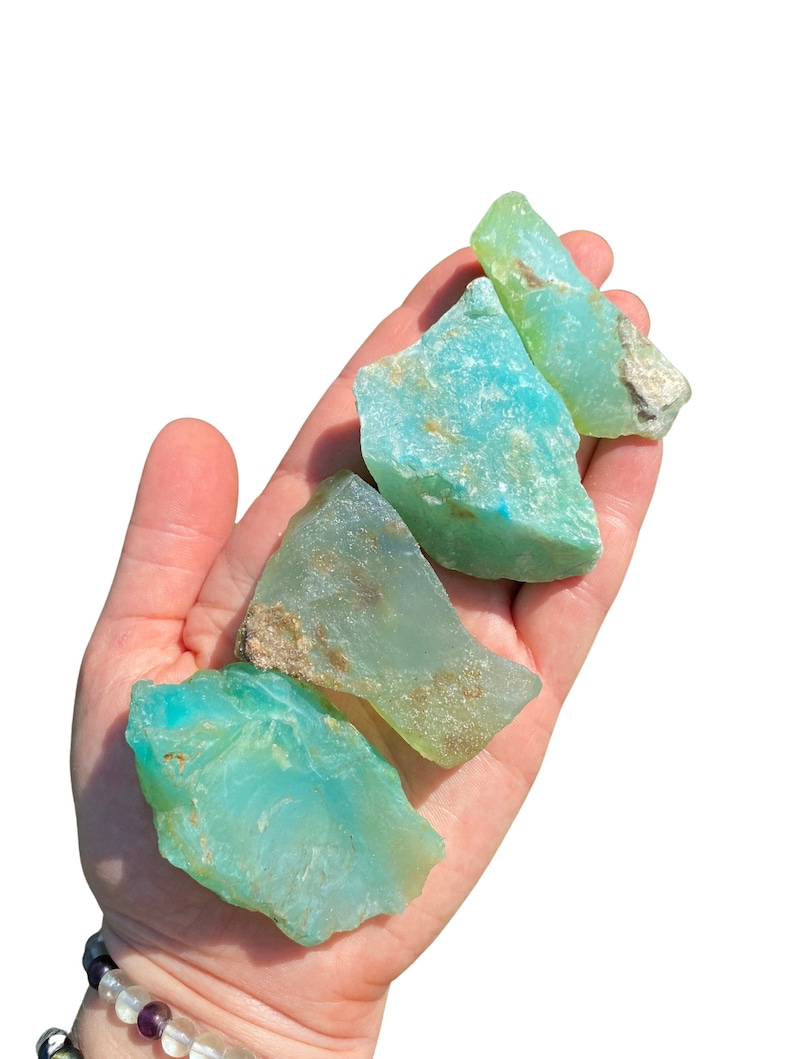 Puede incluir: Una mano sostiene varias piedras de crisoprasa en bruto, de color turquesa. Las piedras tienen una textura natural rugosa con diferentes tonos de azul y verde. Algunas &aacute;reas muestran un toque de marr&oacute;n. El fondo es blanco.